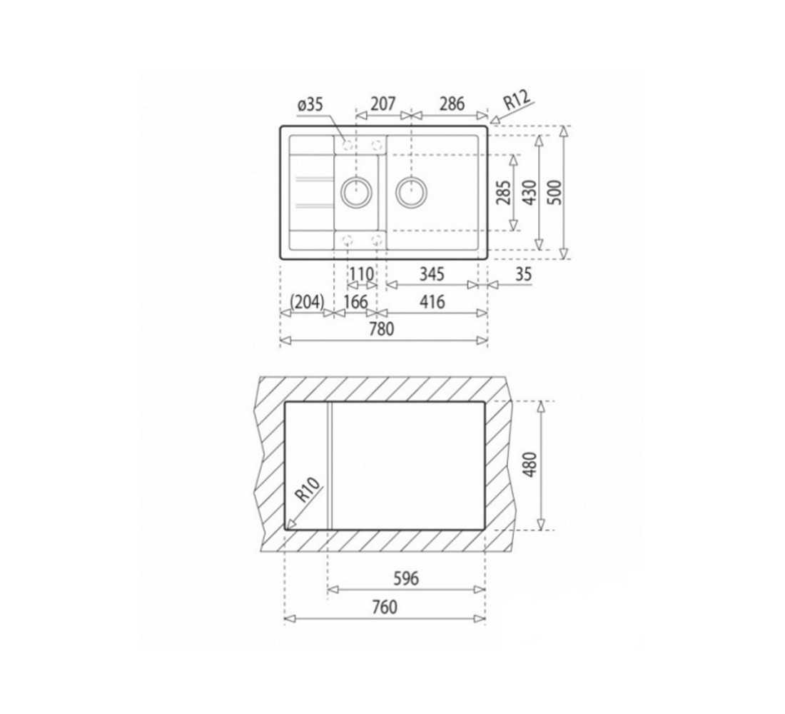 Прямоугольная кухонная мойка  ANILA PLUS ANILA PLUS 780X500X200 02:Чертеж 