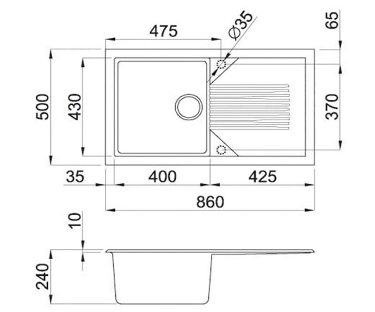 Мойка с крылом  NOVAK NOVAK 860X500X240 06:Чертеж 