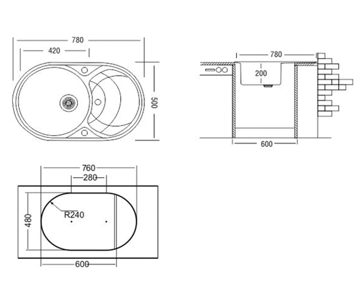 Мойка овальная  SHELL SHELL 775X495X200 05:Чертеж 