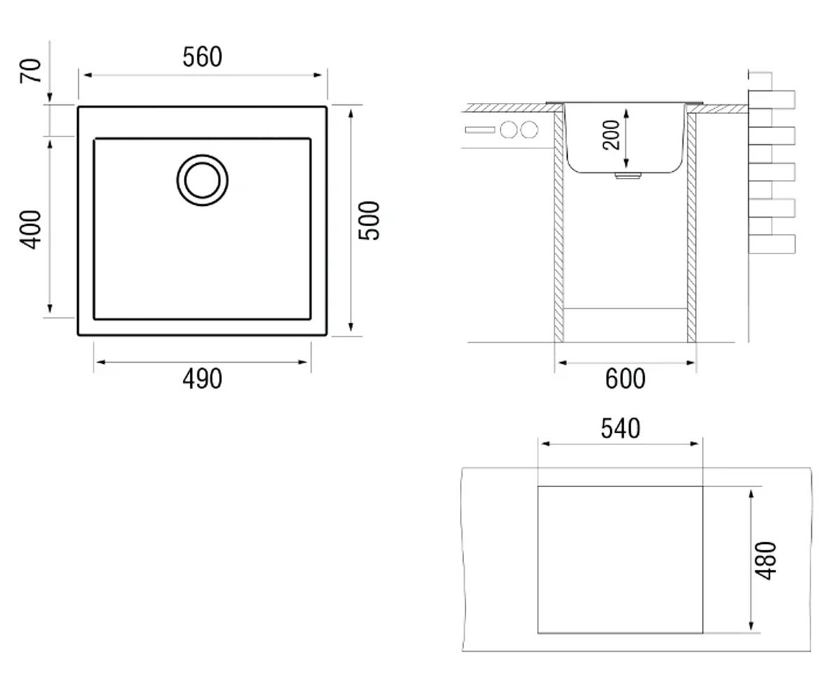Мойка прямоугольная  UNIVER UNIVER 560X500X200 10:Чертеж 