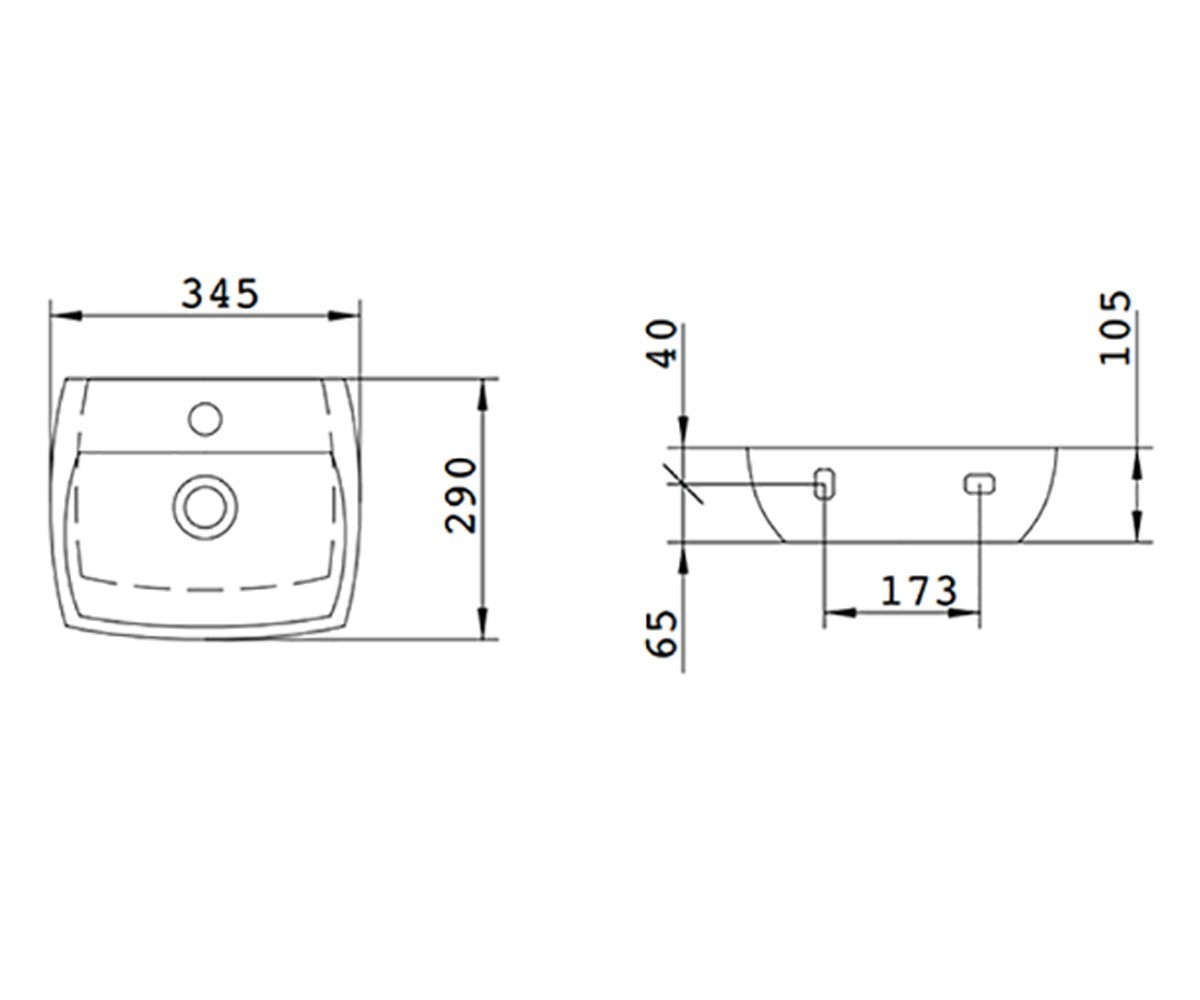 Накладной умывальник  SQUARE BASIN WALL MINI L284T0RPV1:Чертеж 