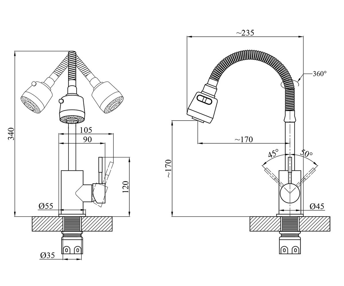 Кухонный смеситель  ACERO INOX035-2:Чертеж 