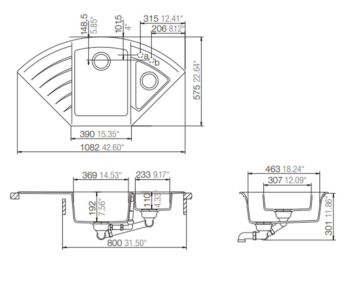 Угловая гранитная мойка  SONAR 04:Чертеж 