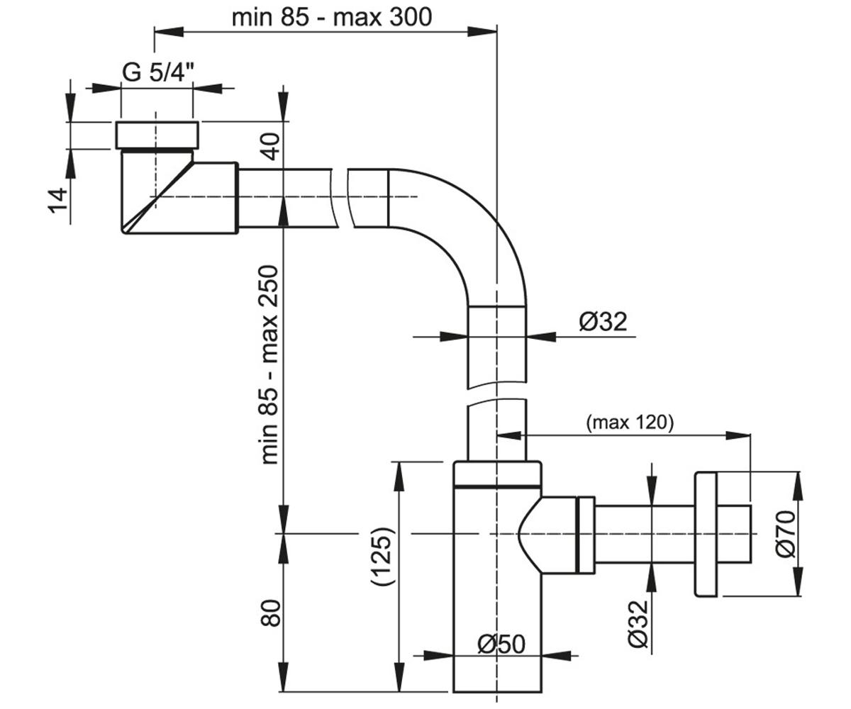 Металлический сифон для раковины алкапласт A403:Чертеж 
