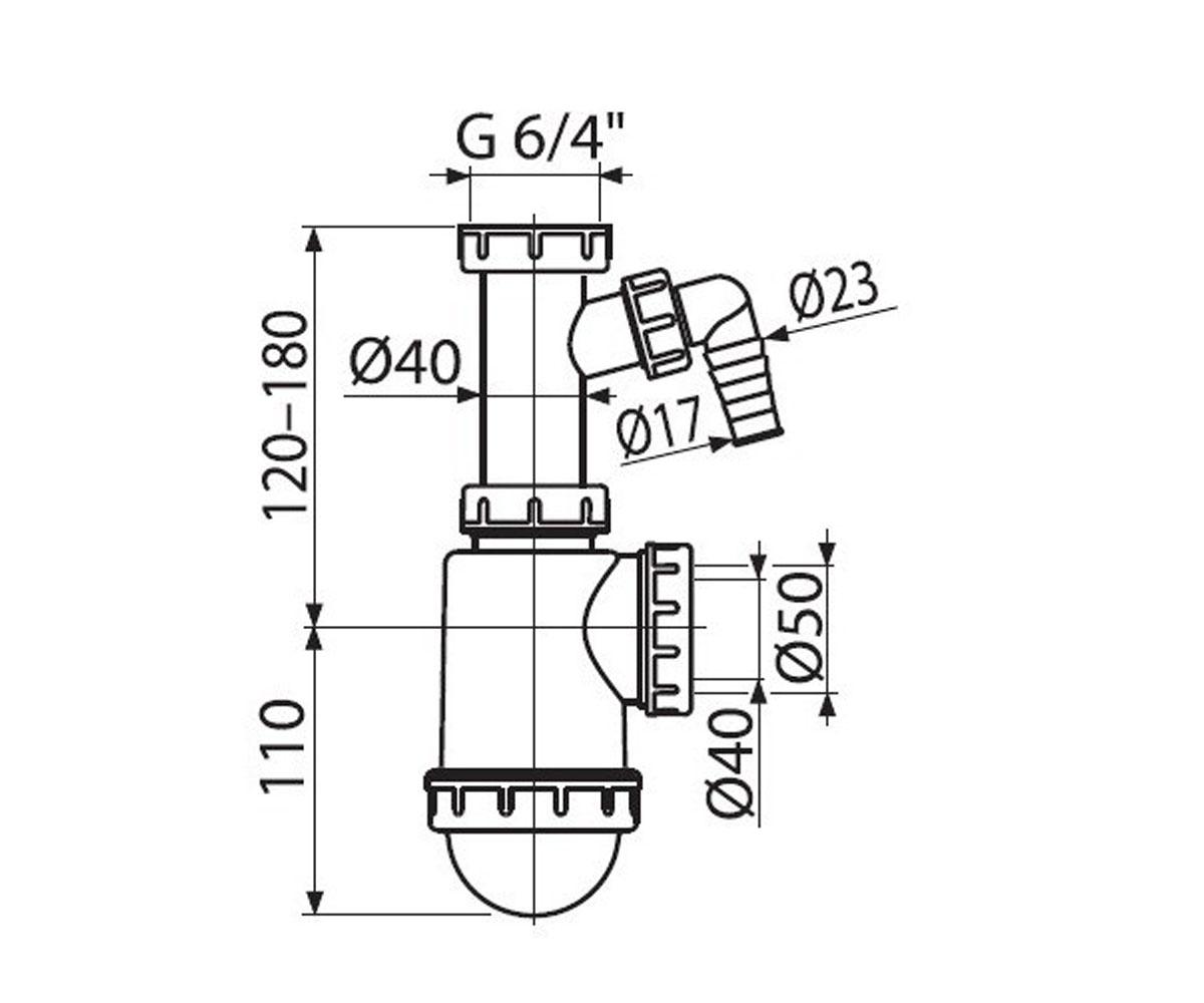 Сифон для мойки c подводкой dn50/40 алкапласт A443P-DN50/40:Чертеж 