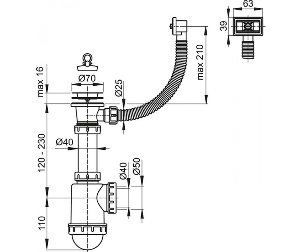Сифон для мойки алкапласт A444-DN50/40:Чертеж 