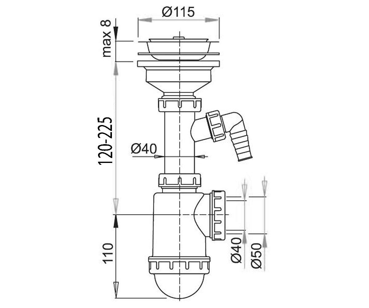 Сифон для мойки алкапласт A446P-DN50/40:Чертеж 
