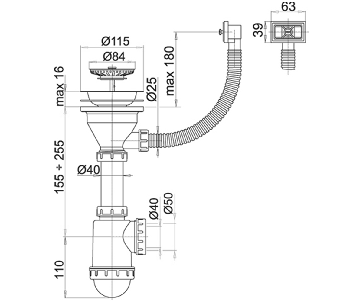 Сифон для мойки алкапласт A447-DN50/40:Чертеж 