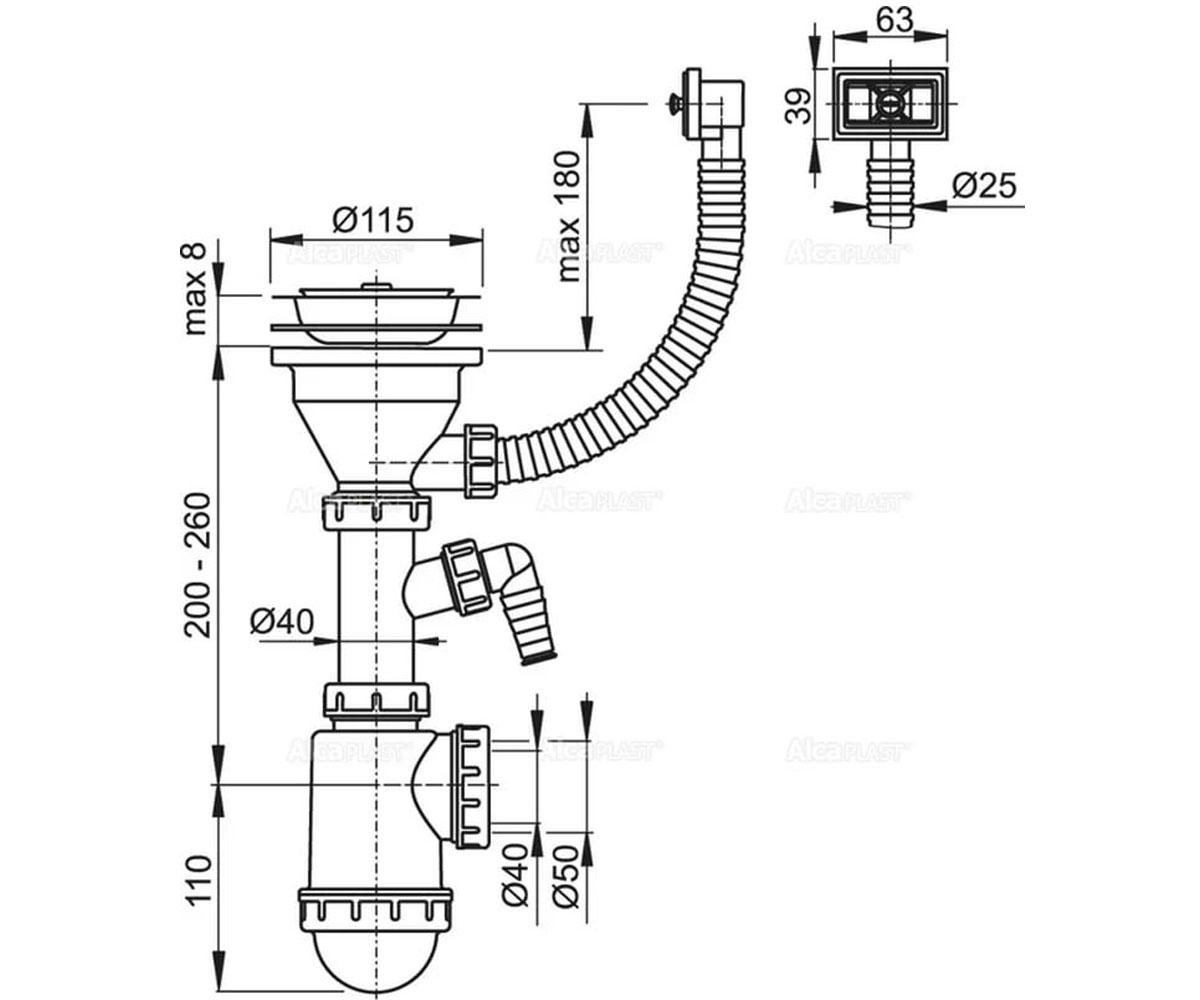 Сифон для мойки с переливом алкапласт A447P-DN50/40:Чертеж 