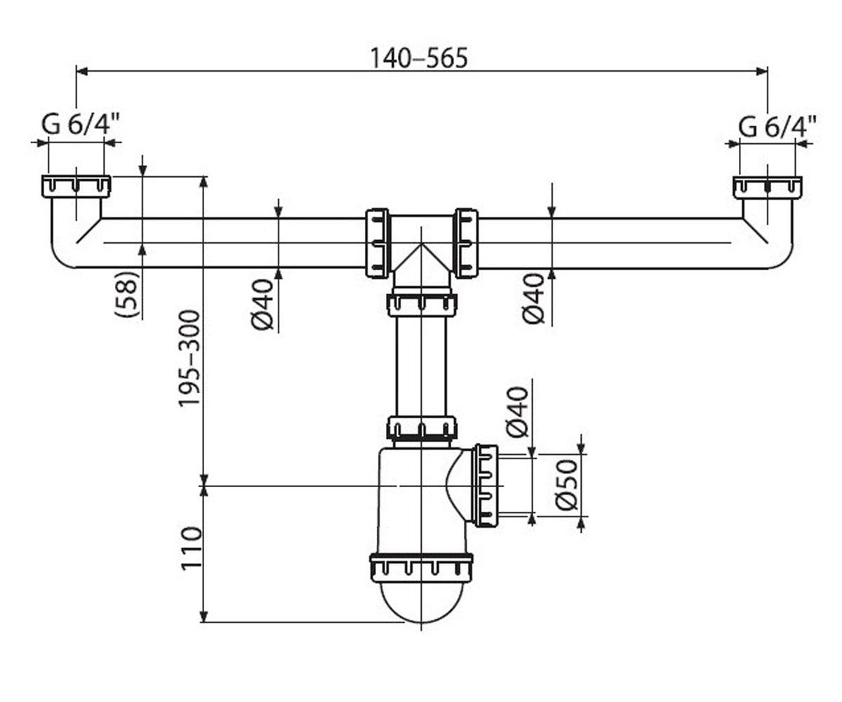 Сифон для сдвоенной мойки ø50/40 алкапласт A448-DN50/40:Чертеж 