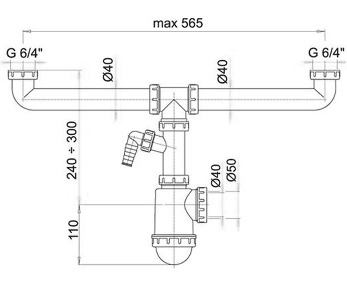 Сифон для двойной мойки алкапласт A448P-DN50/40:Чертеж 