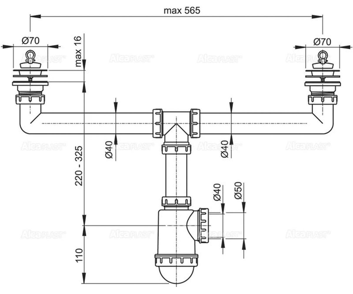 Сифон для мойки алкапласт A449-DN50/40:Чертеж 