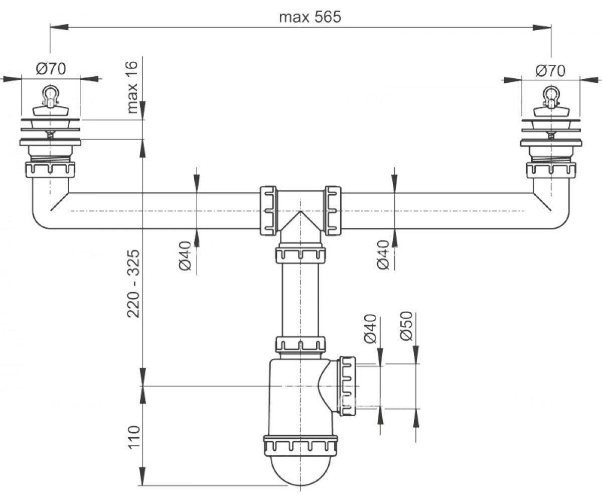 Сифон для мойки алкапласт A449 D50/40:Чертеж 