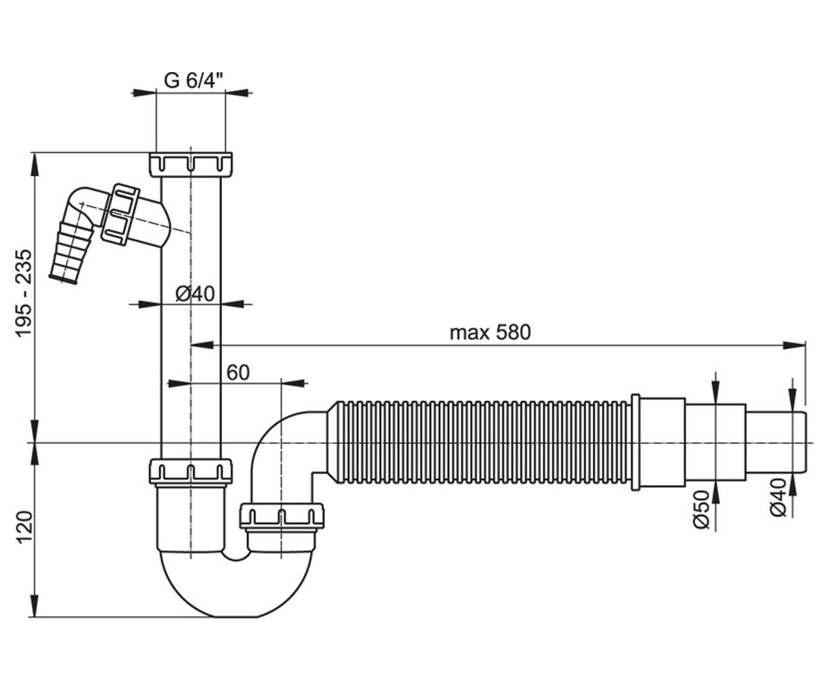 Сифон для мойки со штуцером dn50/40 алкапласт A83-DN50/40:Чертеж 