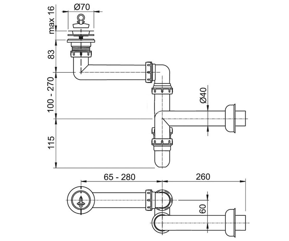 Сифон для мойки dn40 алкапласт A870-DN40:Чертеж 