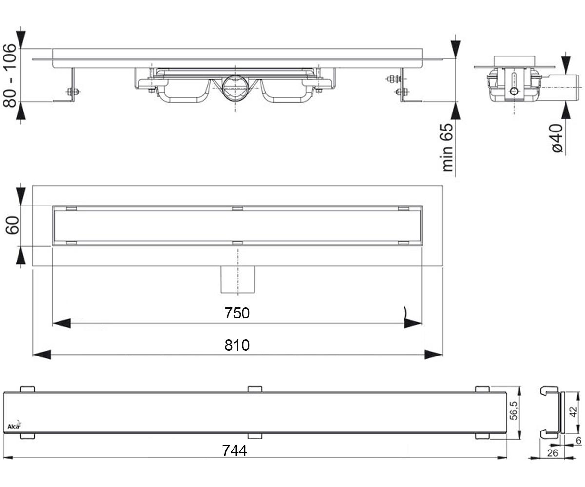 Душевой канал алкапласт PROFESSIONAL LOW 750 APZ106-750:Чертеж 