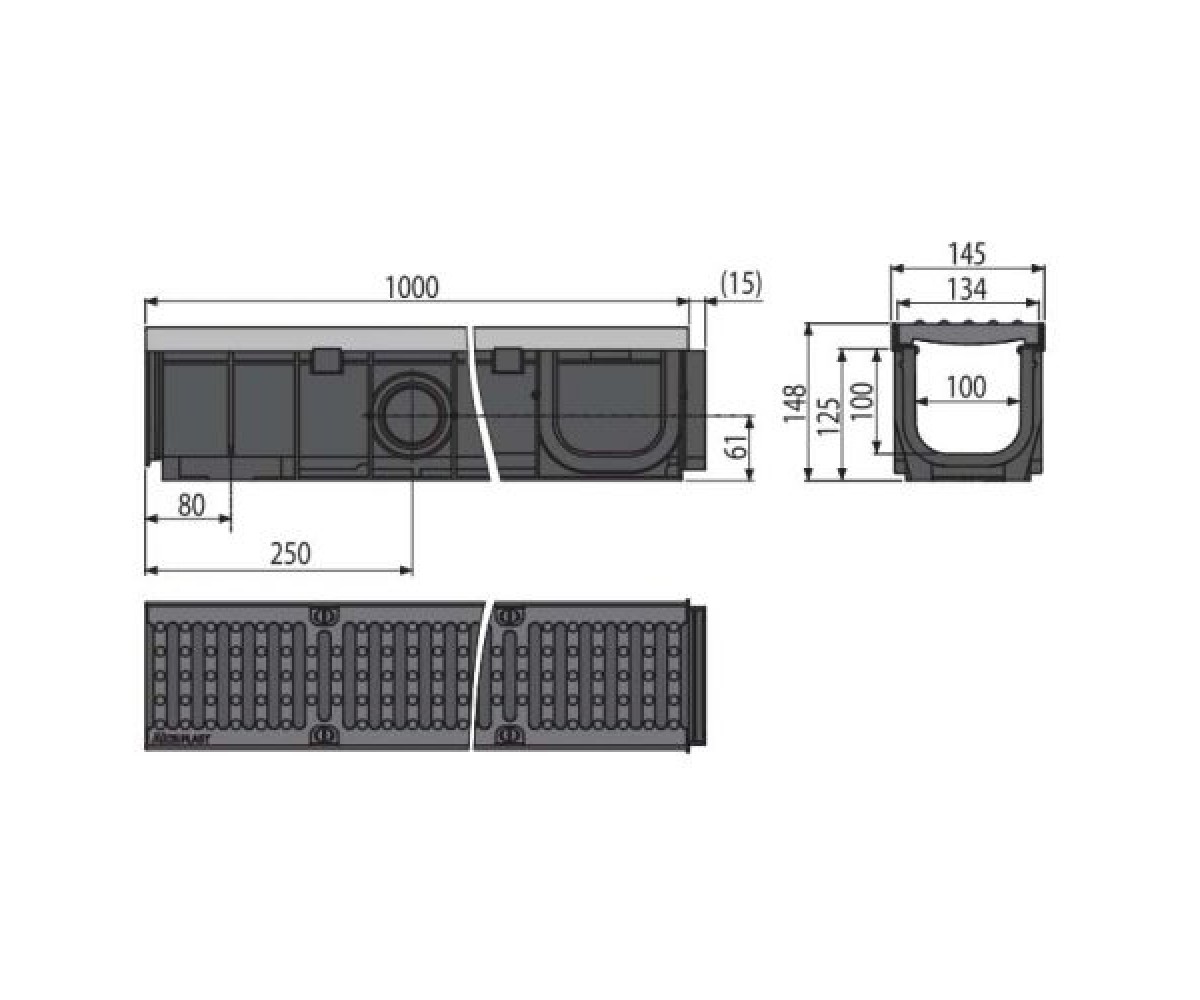 Дренажный канал алкапласт AVZ103-R201:Чертеж 