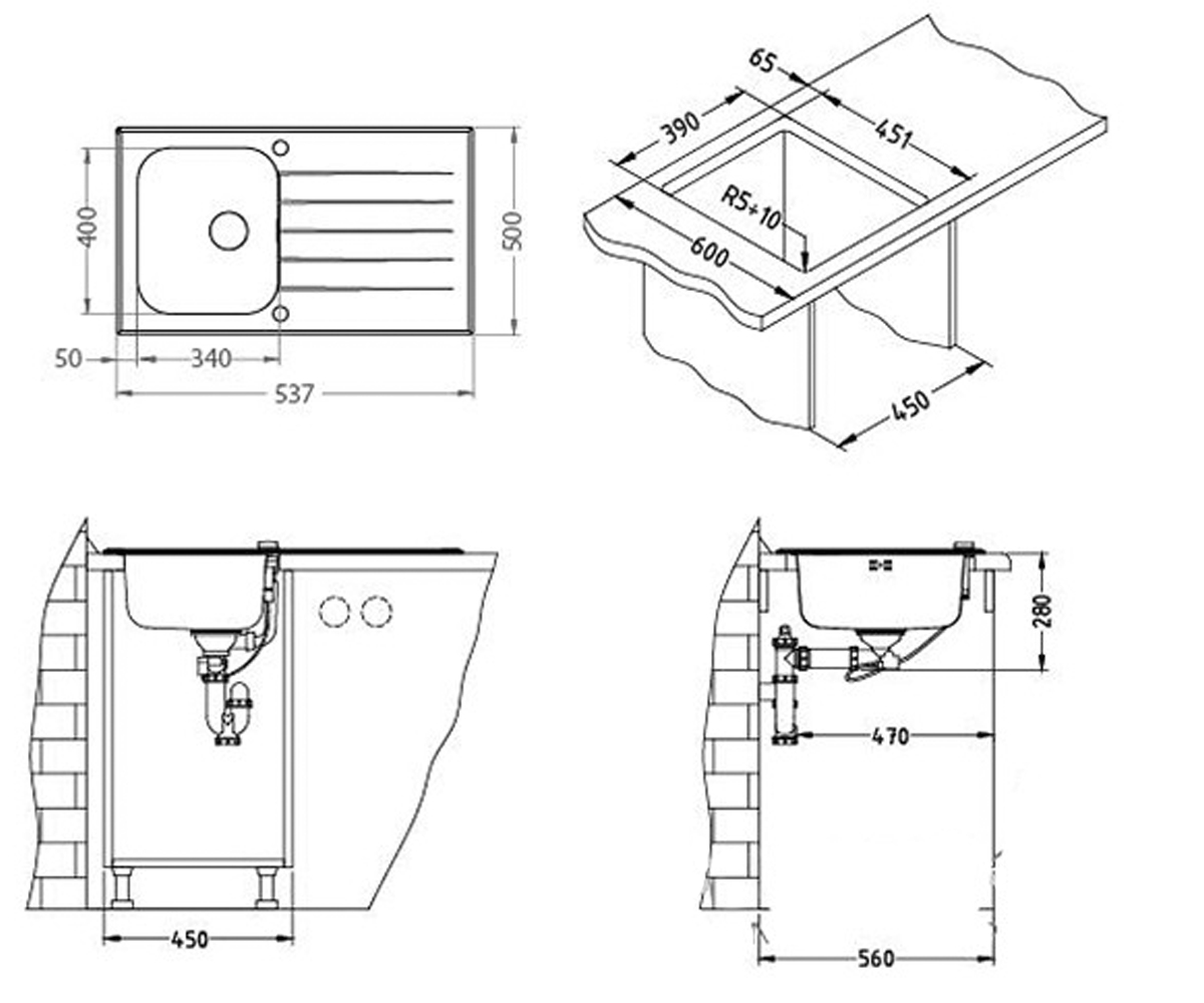 Кухонная мойка с крылом  GLASSIX 1099462:Чертеж 