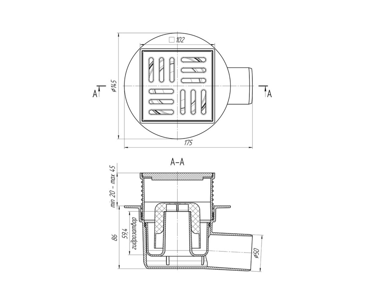 Трап ANIplast з горизонтальним випуском 50 мм, з решіткою 10х10 см та5604EU  TA5604EU:Чертеж 