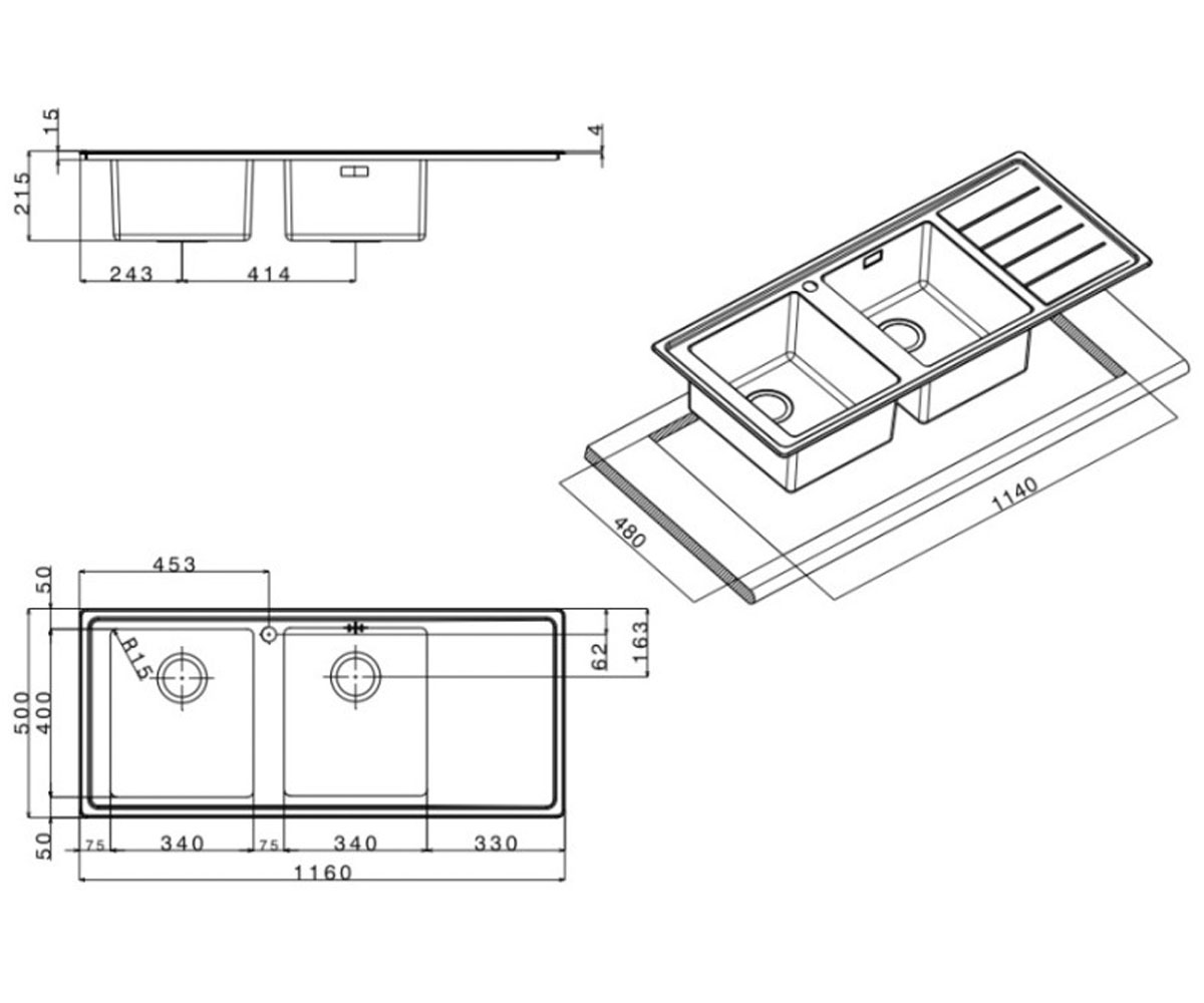 Двойная мойка с крылом АПЕЛЛ LINEAR PLUS LNP1162FLBC:Чертеж 