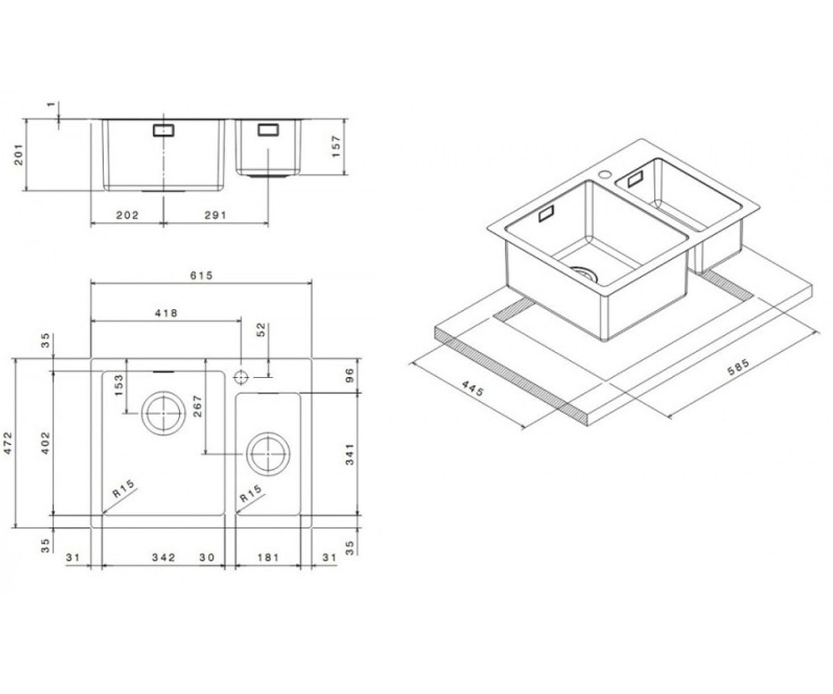 Полуторная мойка без крыла АПЕЛЛ LINEAR PLUS LNP3418FBC:Чертеж 