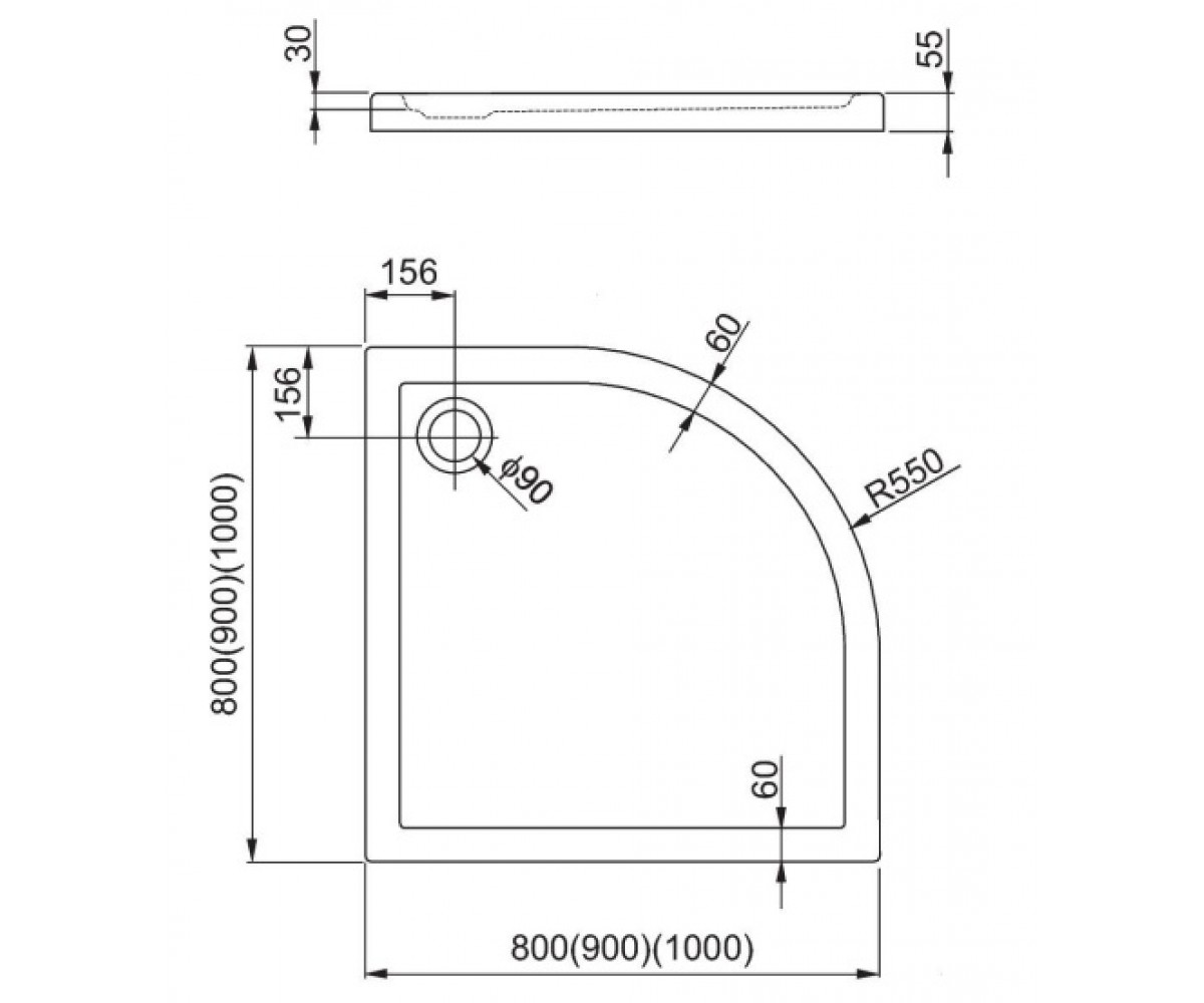 Поддон угловой 100х100 см  VICO R 550 200-08003P:Чертеж 