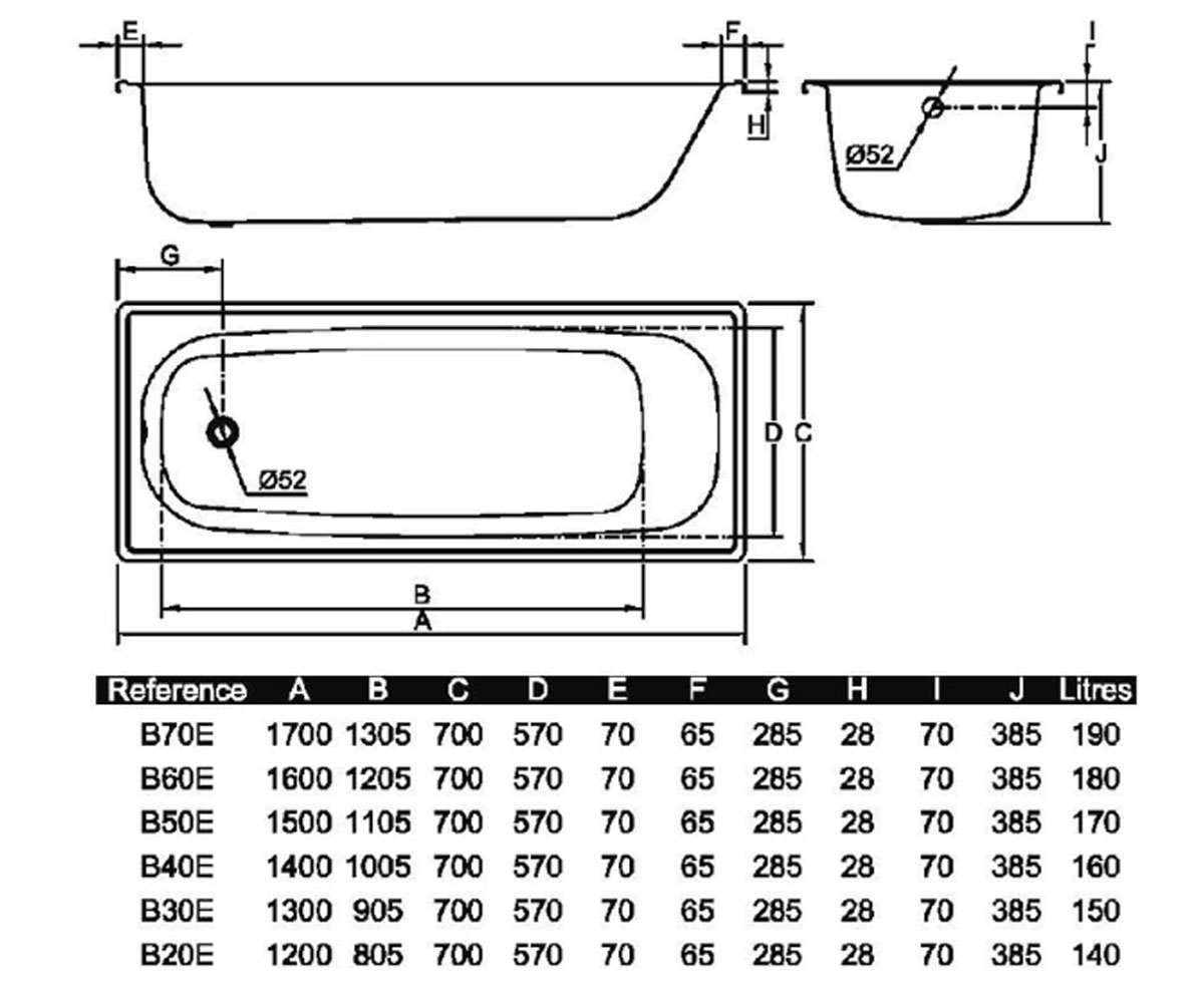 Ванна стальная 70х120 см  B20E1200Z:Чертеж 