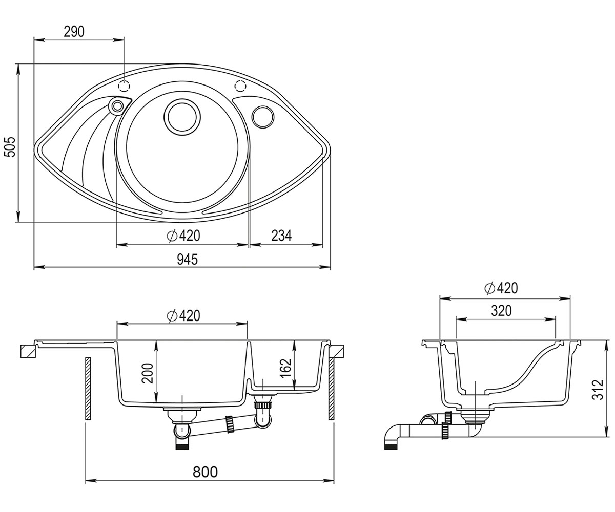Гранитная мойка на столешницу  PAPILLON SCP-151W-202:Чертеж 