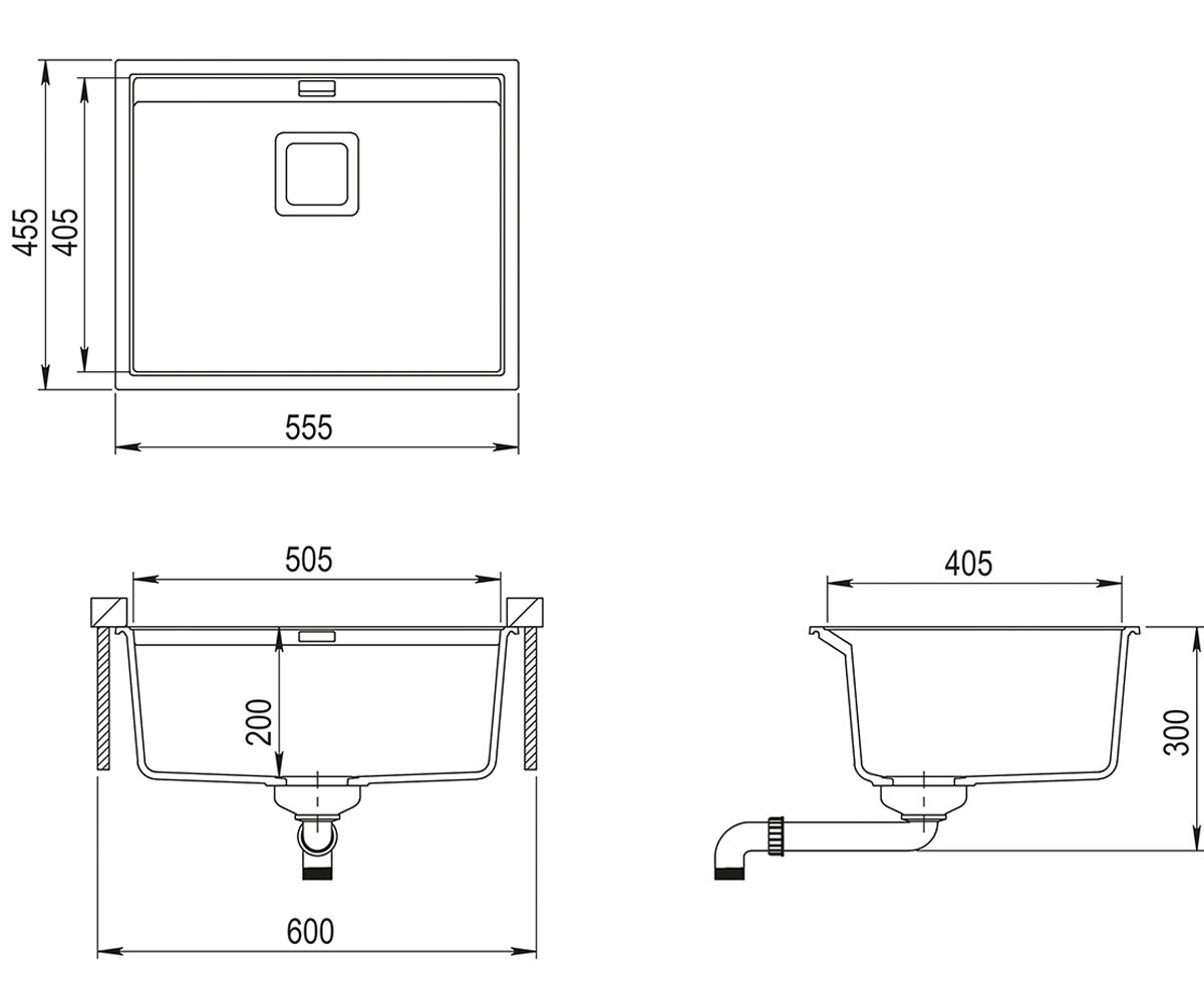 Гранитная прямоугольная мойка  DELICIA SQD-100W-120:Чертеж 