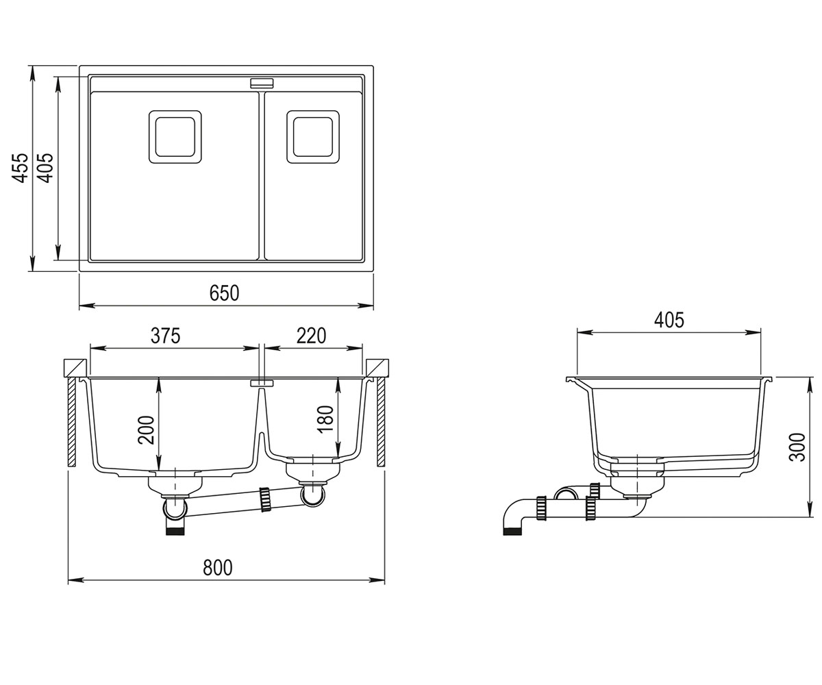 Кухонная полуторная мойка  DELICIA SQD-150W-301:Чертеж 