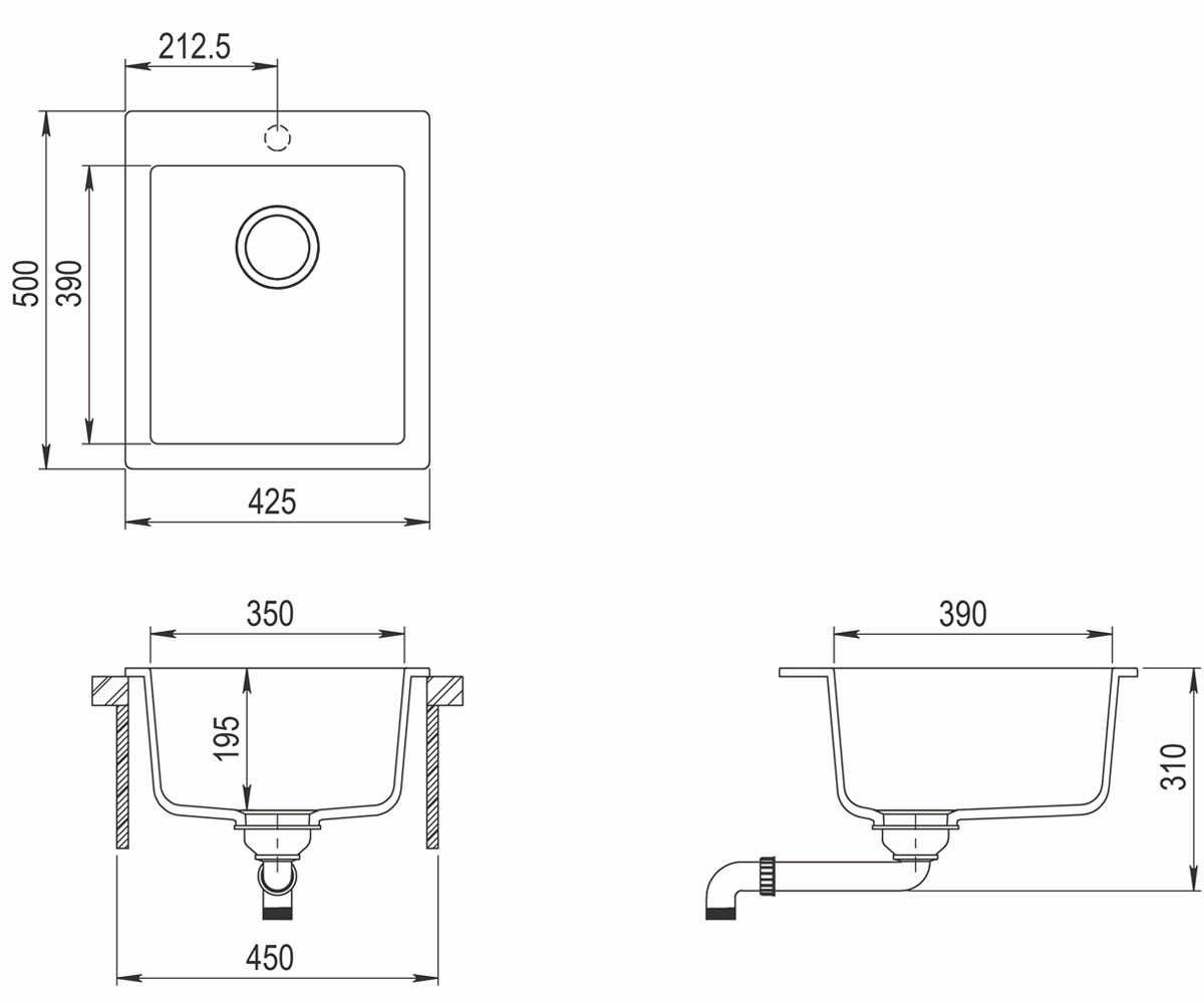 Гранитная накладная мойка  SIMPLEX SQS-100W-111:Чертеж 