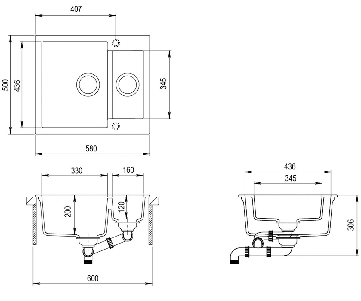 Полуторная мойка  TESA SQT-150W-120:Чертеж 