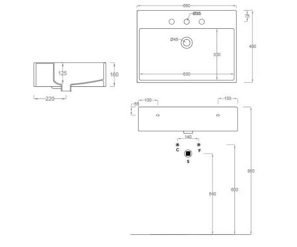 Прямоугольная раковина 65 см  QUADRO QUL003 01 00:Чертеж 