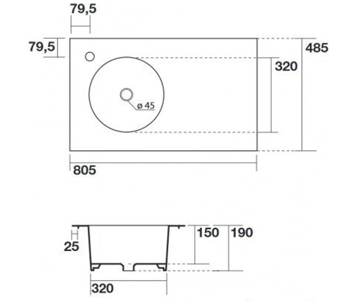 Раковина левосторонняя  SKYLAND 3213707L:Чертеж 
