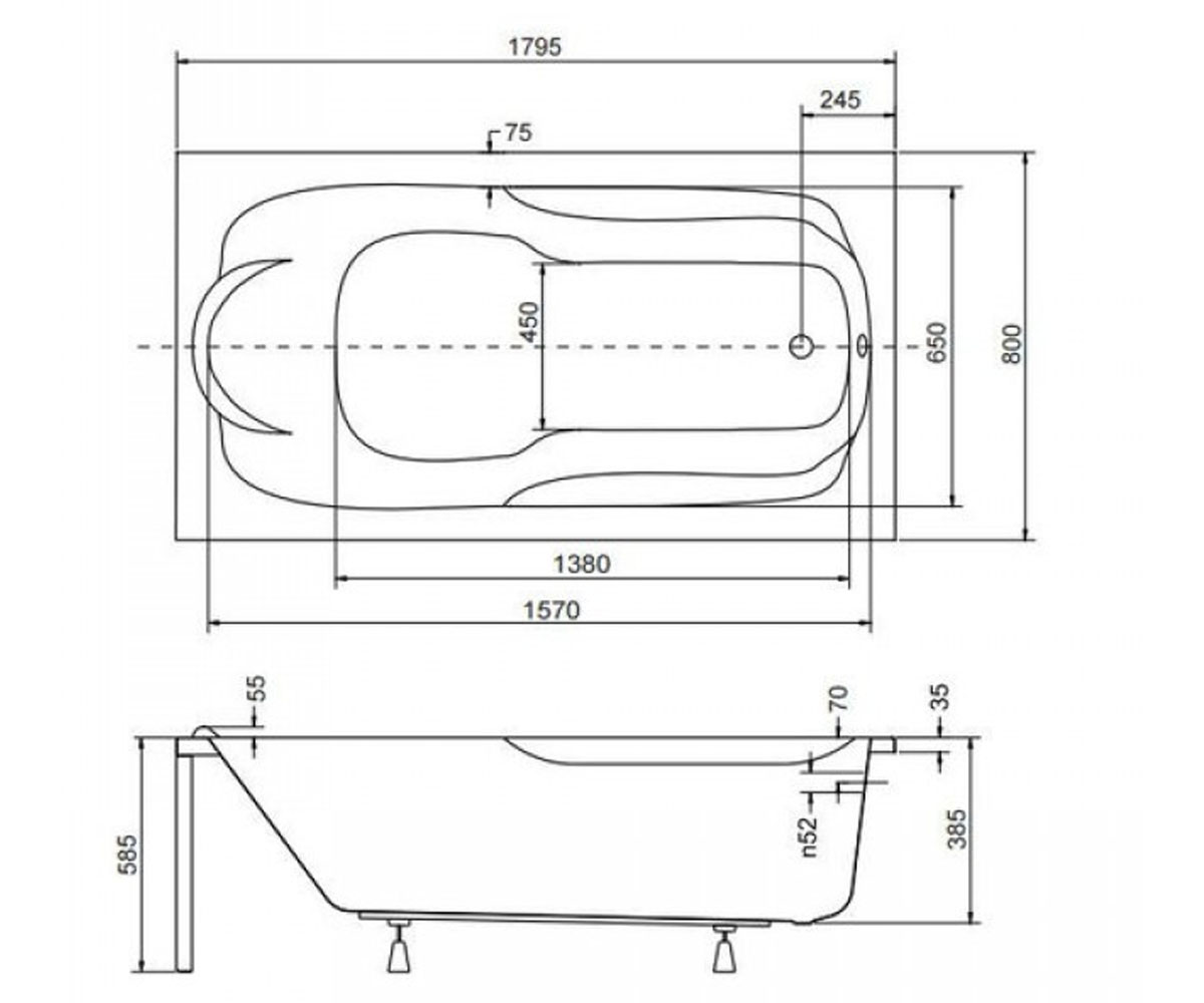 Ванна пристенная 180х80 см  BONA BONA 180X80 SOLO B N:Чертеж 