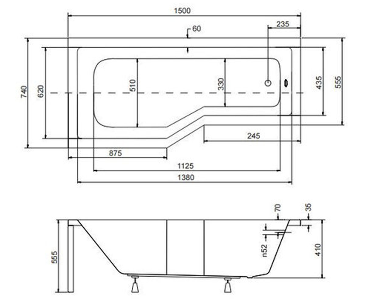 Левостороняя ванна 150 см  INTEGRA INTEGRA 150X75 LEFT SOLO B N:Чертеж 
