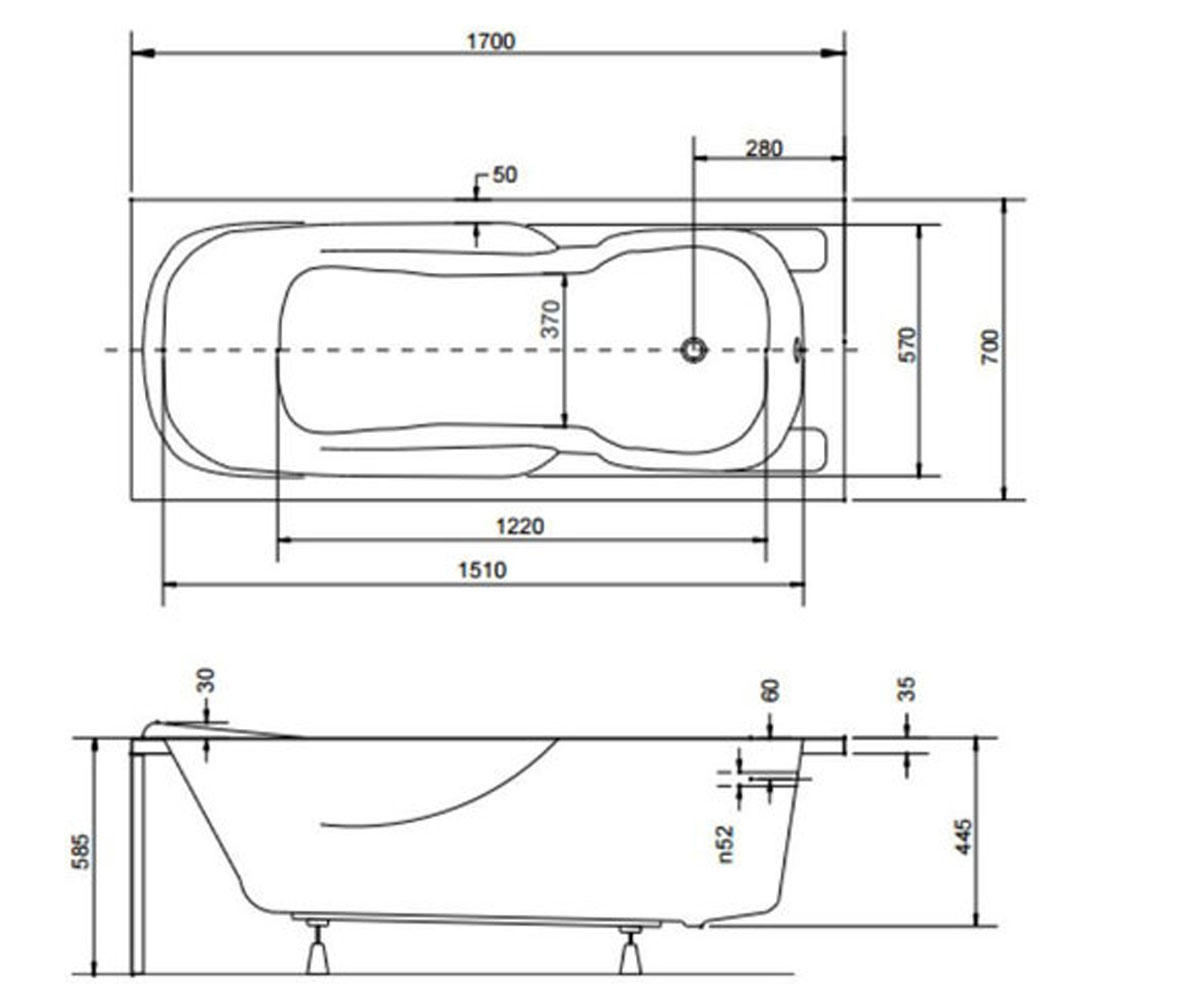 Оборачиваемая ванна 170 см  MAJKA NOVA MAJKA NOVA 170X70 SOLO B N:Чертеж 