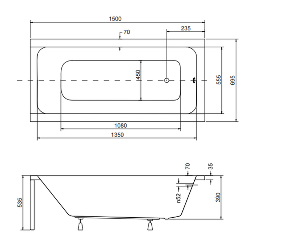 Ванна прямоугольная 150 см  MODERN 150X70 SOLO B N:Чертеж 