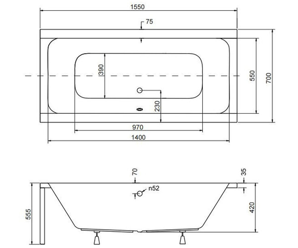 Акриловая ванна 155 см  QUADRO QUADRO 155X70 B N:Чертеж 