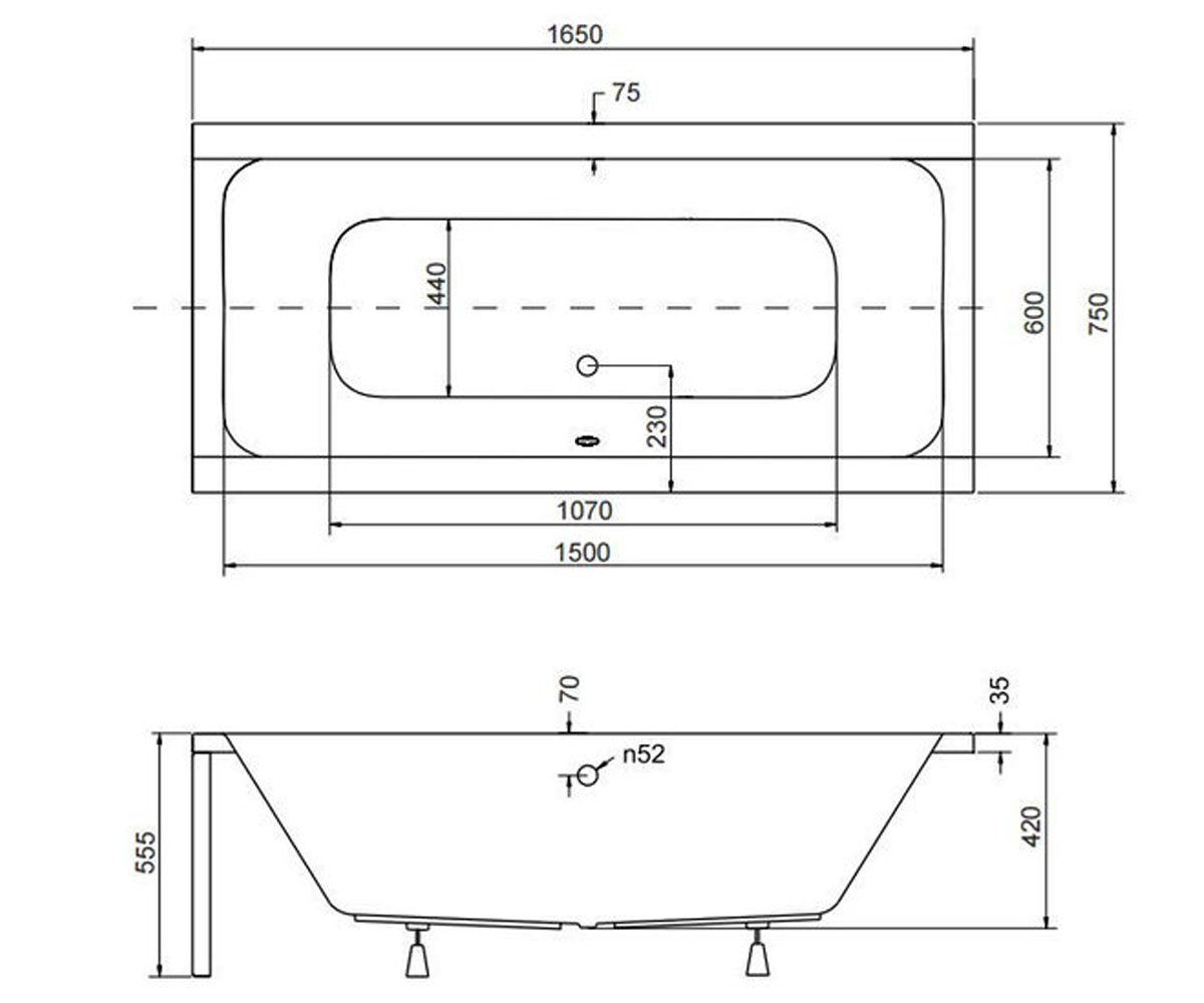 Акриловая ванна 165 см  QUADRO QUADRO 165X75 B N:Чертеж 