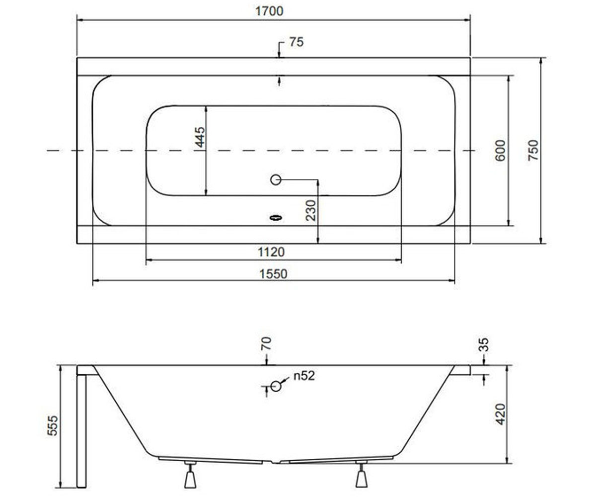 Акриловая ванна 170 см  QUADRO QUADRO 170X75 B N:Чертеж 