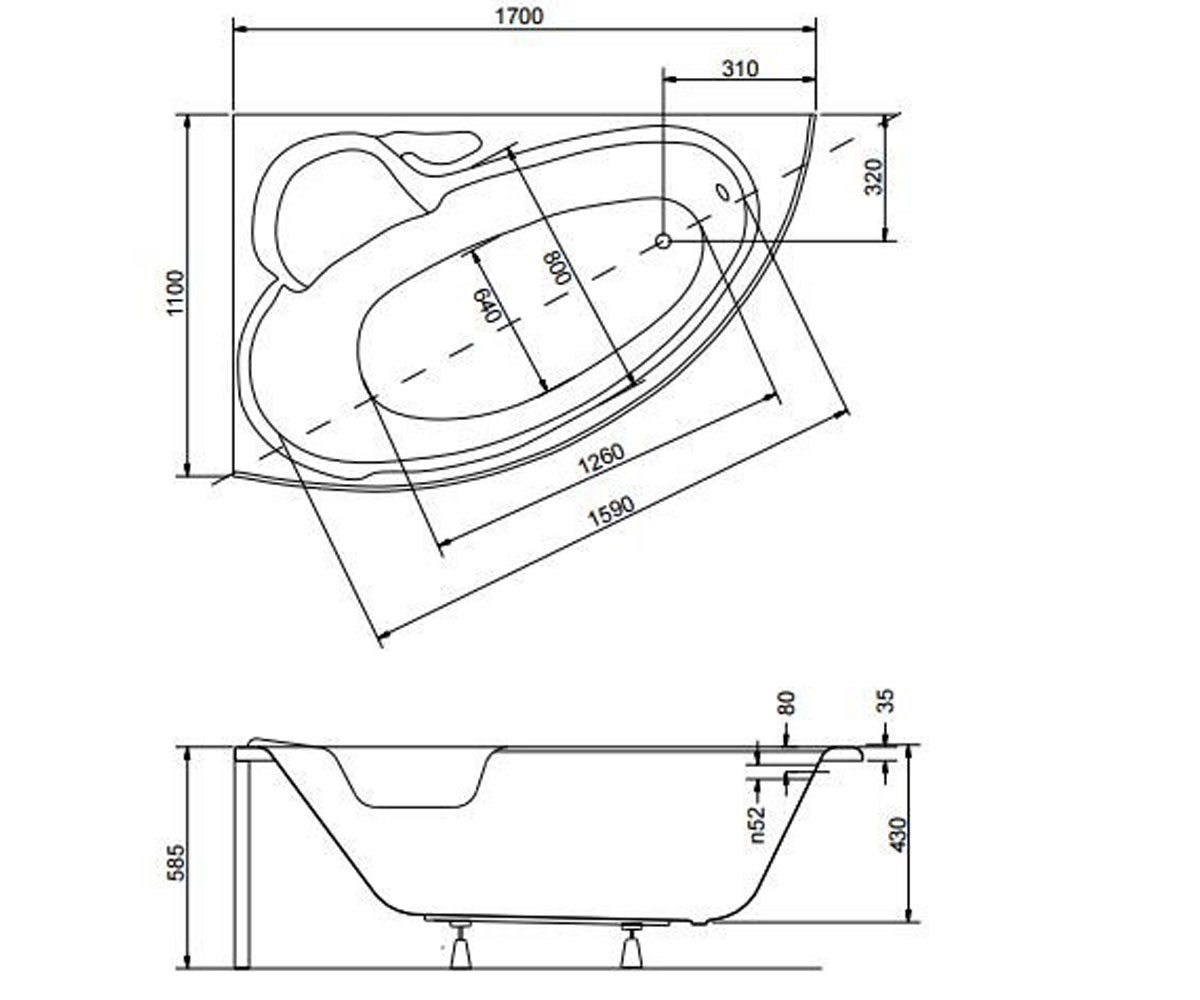 Левостронняя ванна 170 см  WENUS FINEZJA MAXI WENUS FINEZJA MAXI 170X110 LEFT SOLO B N:Чертеж 