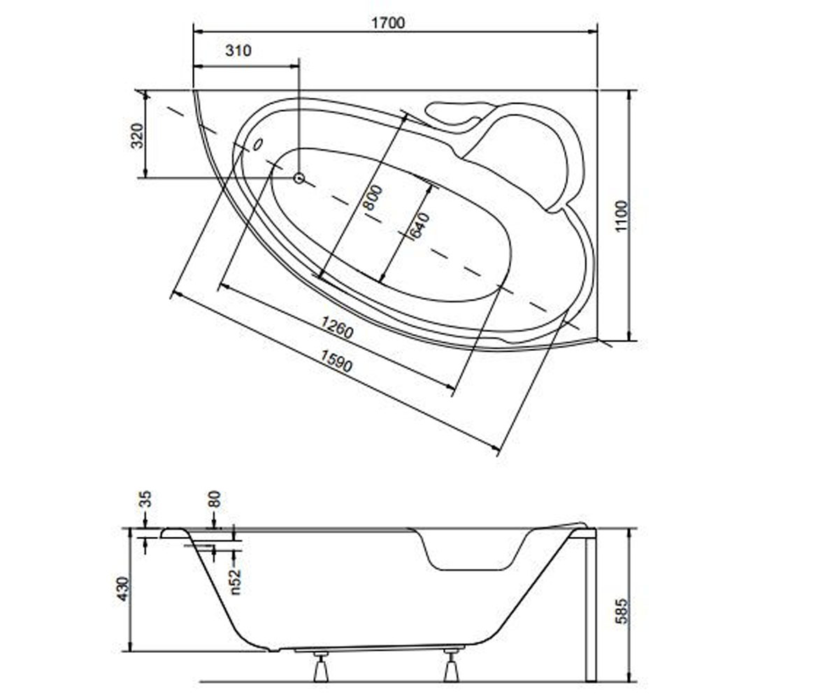 Правостороняя ванна 170 см  WENUS FINEZJA MAXI WENUS FINEZJA MAXI 170X110 RIGHT SOLO B N:Чертеж 