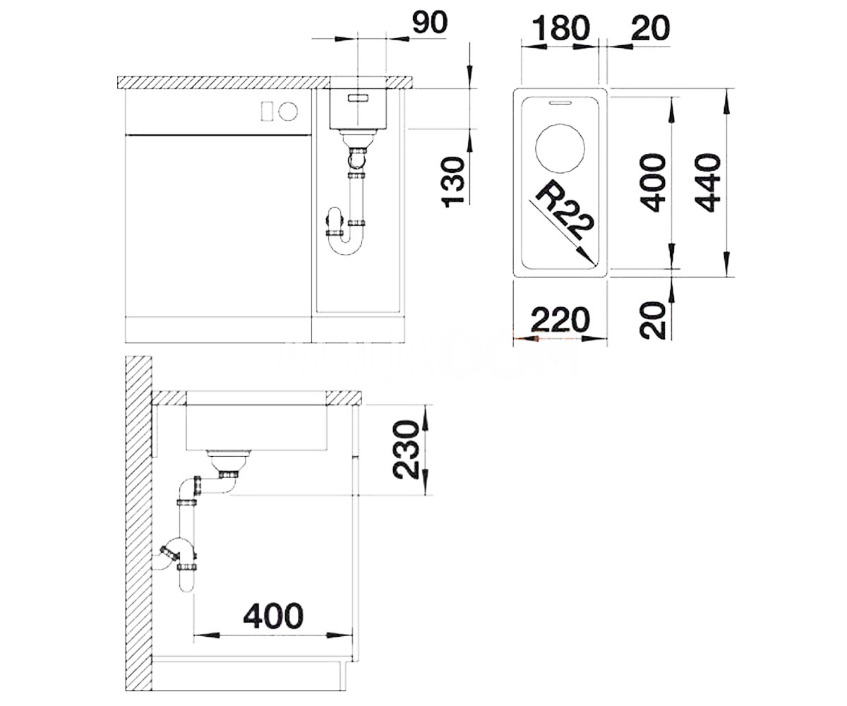 Прямоугольная мойка  ANDANO 522952:Чертеж 