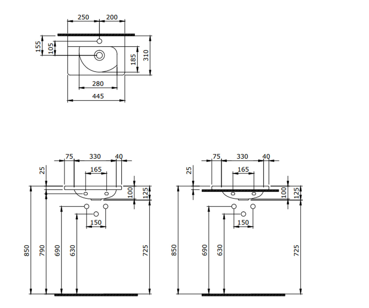 Маленькая раковина  TAORMINA ARCH 1015-001-0126:Чертеж 
