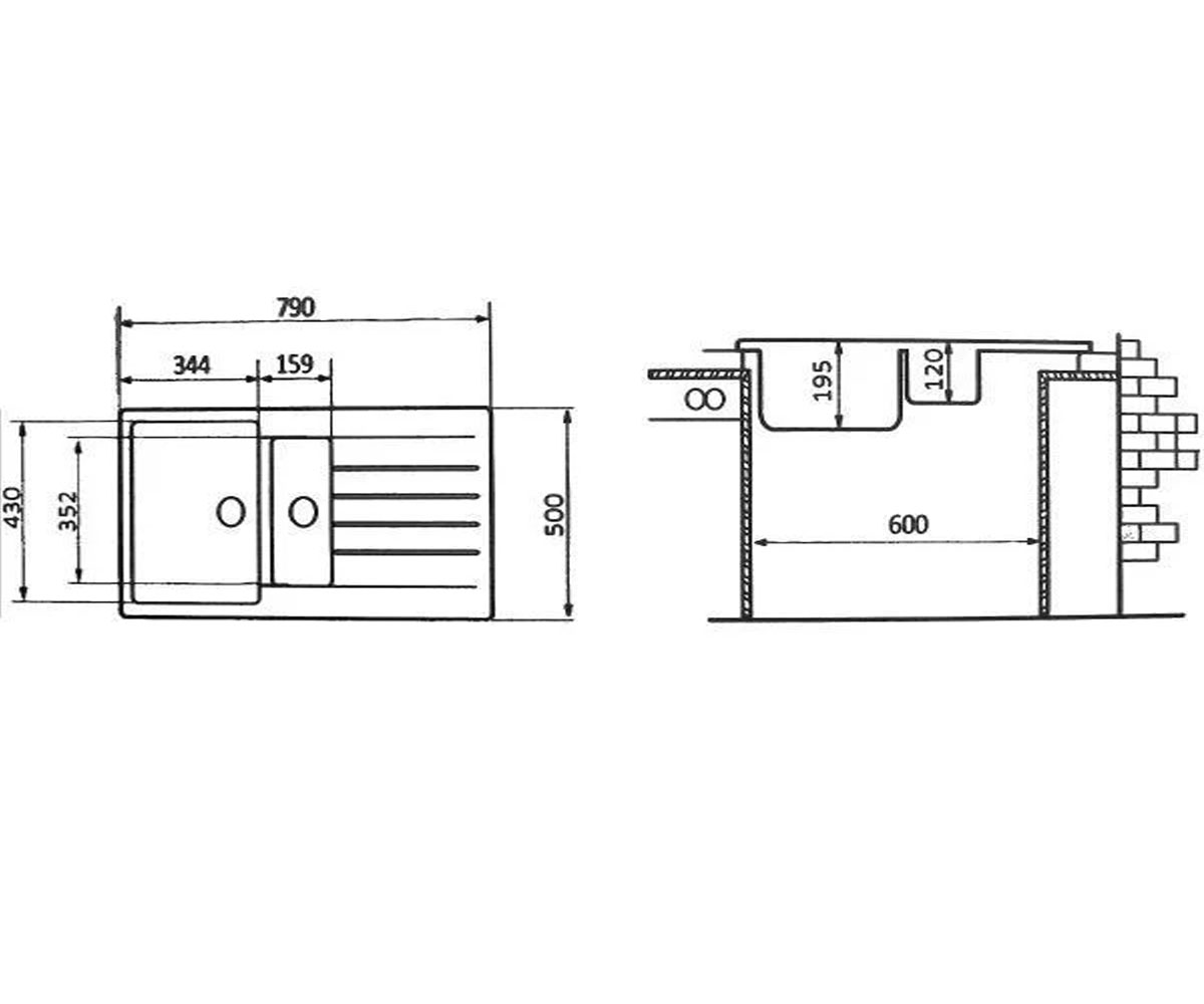 Мойка на полторы чаши  PRFC-780X500 GRAY METAL:Чертеж 