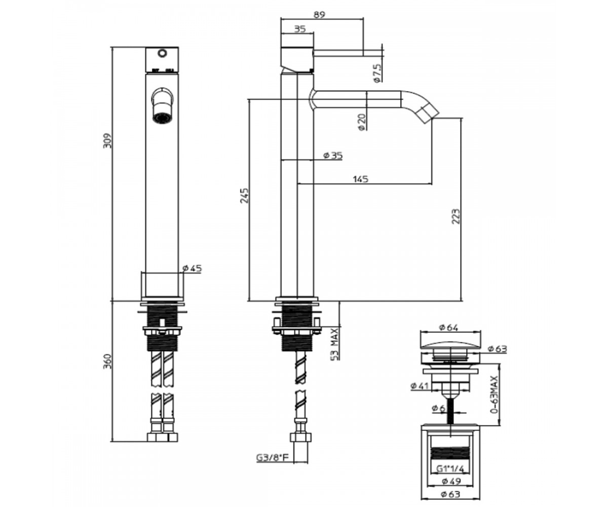 Z00703000094005 TEO-T (TALL) змішувач для раковини з донним клапаном, SATIN NICKEL (1 сорт)  Z00703000094005:Чертеж 