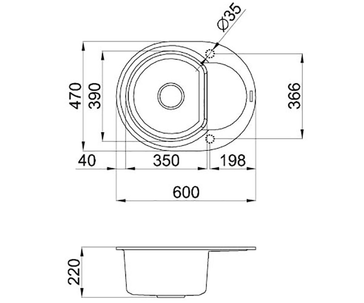 Мойка овальная 60 см  ROUND GRAFIT:Чертеж 