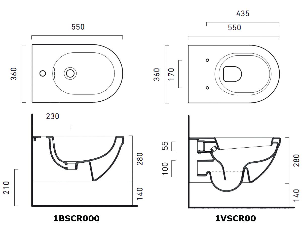 Комплект сантехники  CANOVA ROYAL 1VSCR00+1BSCR000+5SSSTF00+5KFSC00:Чертеж 