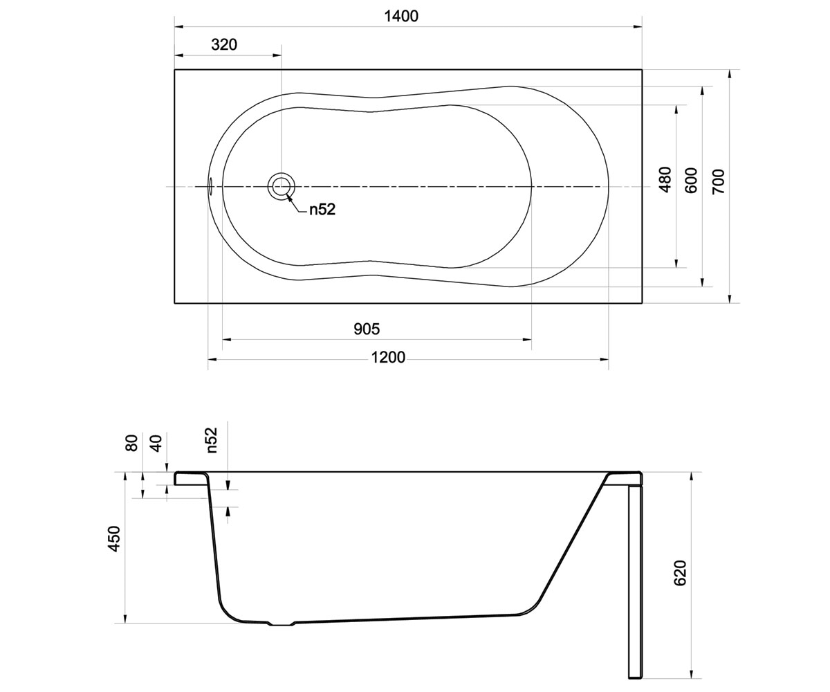 Ванна с ножками 140х70 см  NIKE 00304:Чертеж 